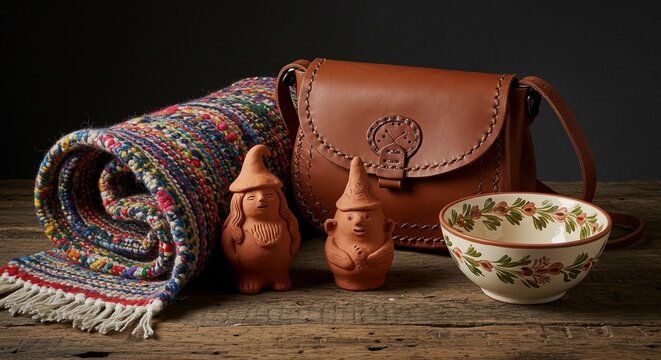 crafted and handmade objects are arranged on a table.