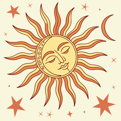 Celestial sun and moon art print boho sun face illustration