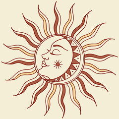 Celestial sun and moon face art print bohemian sunburst design