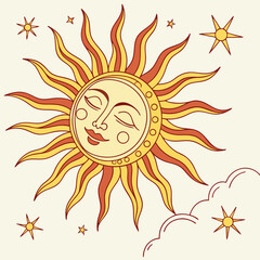 Celestial sun face with stars and clouds dreamy art