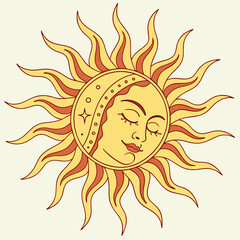 Sun and moon celestial design mystical art yellow orange