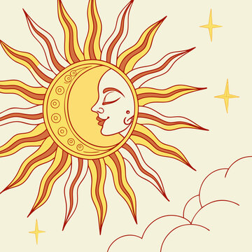 Celestial sun and moon art print mystical sun and crescent moon design