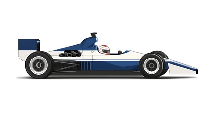 Clipart of a retro-inspired F1 car in a vintage white and blue livery with classic racing stripes and a slightly weathered look on a pristine white background nostalgic and timeless speed