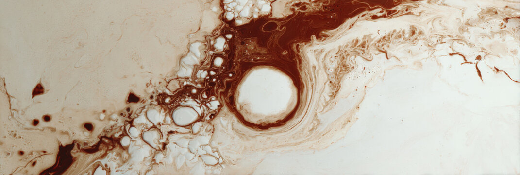 Abstract patterns created by swirling coffee and cream form mesmerizing scene. rich brown and creamy white colors blend in fluid motion, evoking sense of calm and creativity