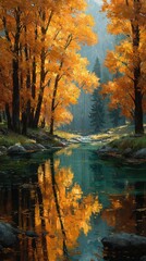 Obraz premium Vibrant autumn landscape with golden trees reflecting on a tranquil river in peaceful wilderness