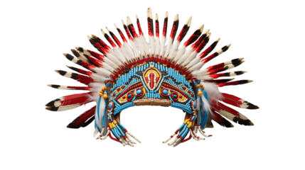 Close up of a native american headdress with feathers and beads on a transparent background isolated