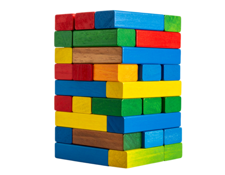 Colorful Wooden Building Blocks Stacked in Tower, isolated on a transparent background.