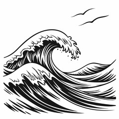 Powerful ocean wave illustration black and white graphic design