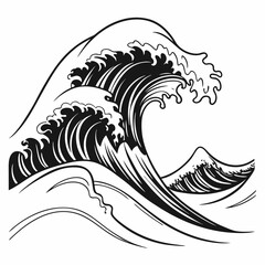 Dramatic black and white illustration of a large ocean wave