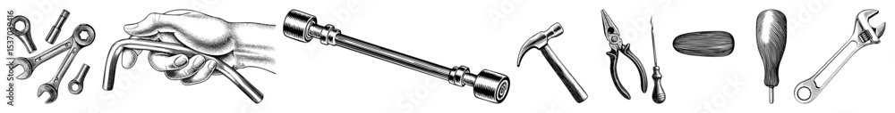 Poster vector assortment of vintage hand tools including wrenches a mallet and a chisel are depicted in a d