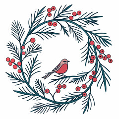 Festive winter wreath with robin bird and berries