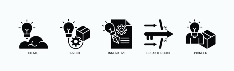 Innovation And Vision Icon Set Isolated Vector With Icon Of Ideate, Invent, Innovative, Breakthrough, Pioneer In Glyph Style