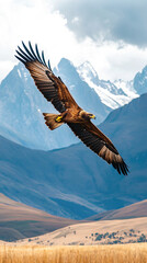 Naklejka premium Eagle soaring in sky over African plains with mountain backdrop