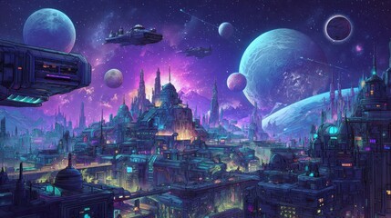 Futuristic cityscape on a planet at night