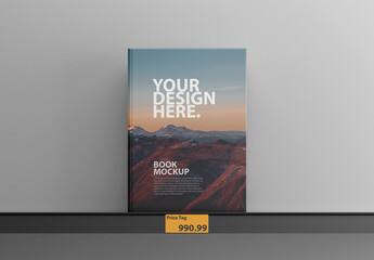Vertical book mockup standing on shelf with price tag