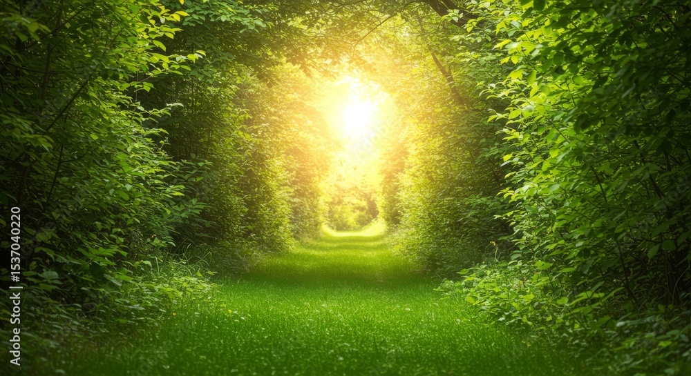 Poster sunlit path through lush green trees - a sunlit path winds through a tunnel of vibrant green trees, 