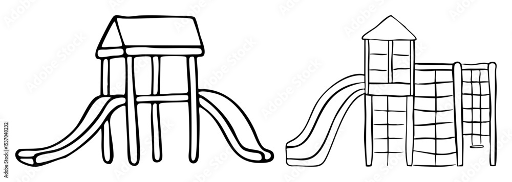 Poster vector playground structures with slides and climbing elements .