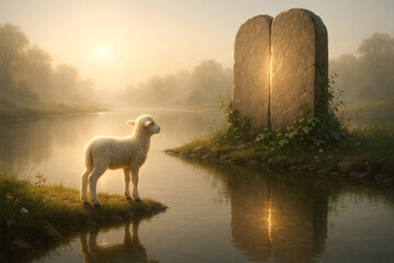 Lamb of God at the River Beside the Glowing Ten Commandments Tablets Biblical Art