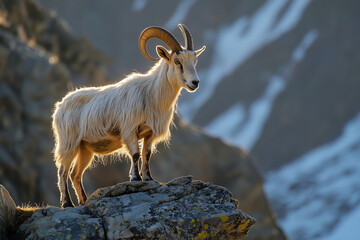 Obraz premium Two markhors on rocky slopes with dramatic mountain landscape and cloudy sky behind them.