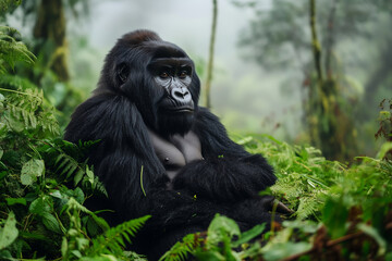 Naklejka premium Gorilla resting in a forest clearing surrounded by dense vegetation and tall trees.