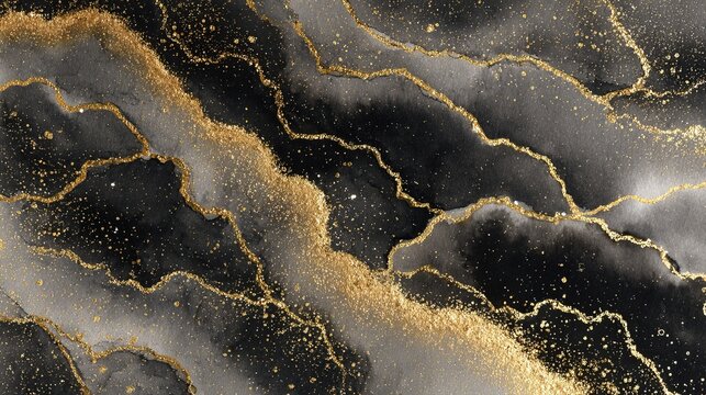 Cosmic Black Watercolor Art with Elegant Gold Sparkles and Mystical Abstract Space Vibe