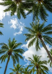 Tropical Paradise Underneath Sunny Skies - Palm trees reach for a vibrant blue sky dotted with fluffy white clouds. This evokes feelings of serenity, vacation, escape, warmth, and tropical bliss