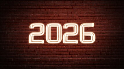Fototapeta premium Neon 2026 sign on red brick wall background new year
