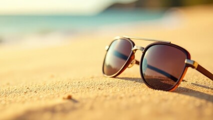 Close-up of stylish sunglasses resting on golden beach sand under sunlight with space for text. Perfect for travel, vacation-themed advertising and design, summer vacation, banner, poster, lifestyle