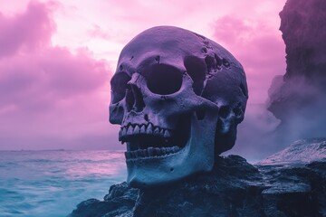 A skull rests on rocks by the sea under a pink and purple sky. It can be used for themes related to death, fantasy, and Halloween.