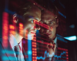 Businessmen analyzing stock market data at night