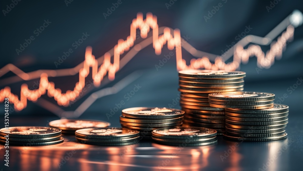 Aufkleber trends in cryptocurrency reflected in a stack of coins on a digital background featuring rising grap