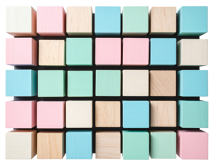 Geometric Pattern of Pastel Colored Building Blocks, isolated on a transparent background.