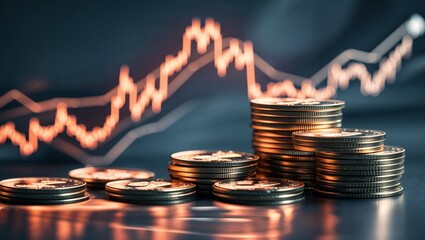 Trends in cryptocurrency reflected in a stack of coins on a digital background featuring rising graphs
