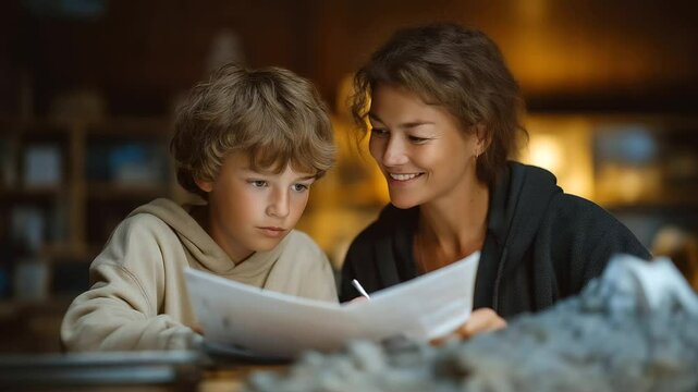 A mentor evaluates a science project with a volcano model and clipboard