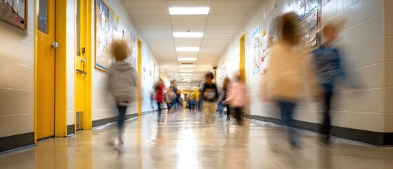 Children rushing down a school hallway