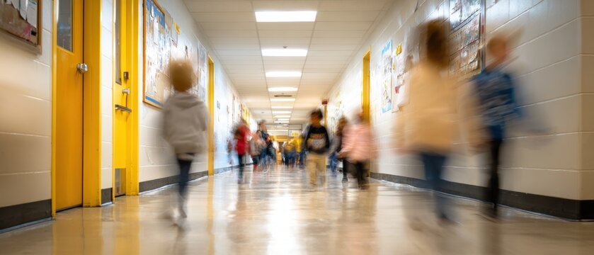 Children rushing down a school hallway