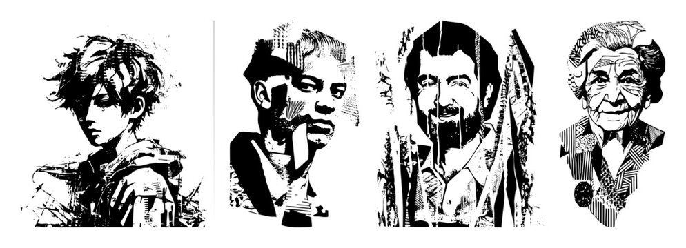 Vector Expressive monochrome portraits showcase diverse faces in bold vector style.