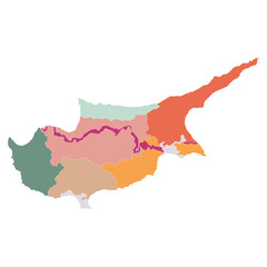 Cyprus map in region color map. Map of Cyprus in regons color