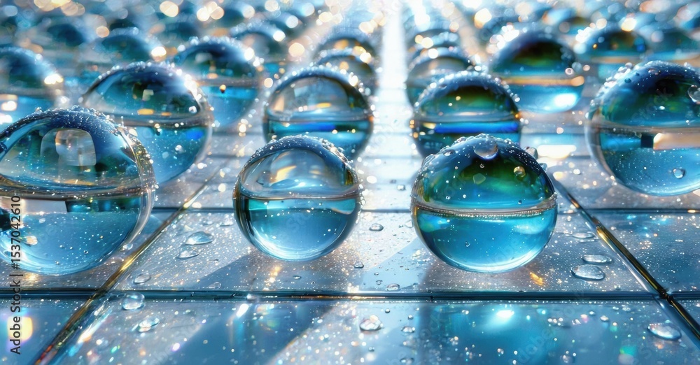 Aufkleber Glass spheres reflect light, creating abstract patterns. Water droplets add texture, enhancing visual depth. Cool tones dominate composition.