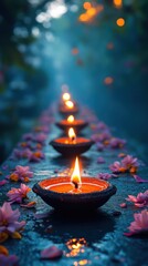 Ceramic Oil Lamps Lit with Flickering Flames Arranged in a Row with Flower Petals
