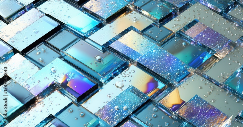 Poster abstract mosaic, glossy cubes, water droplets. iridescent reflections create vibrant texture, cool t