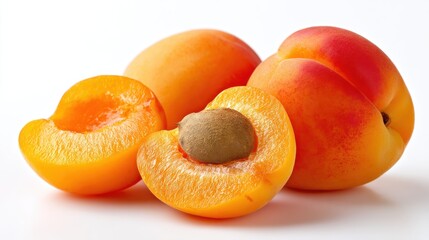 Fresh ripe apricots halved and whole on white background