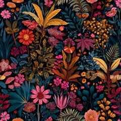 Vibrant floral pattern featuring a variety of colorful flowers and foliage on a dark background evoking a sense of lushness depth and artistic expression in © sakib