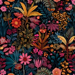 Vibrant floral pattern featuring a variety of colorful flowers and foliage on a dark background evoking a sense of lushness depth and artistic expression in © sakib