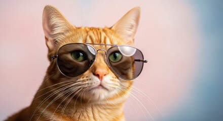 Cool ginger tabby cat wearing sunglasses