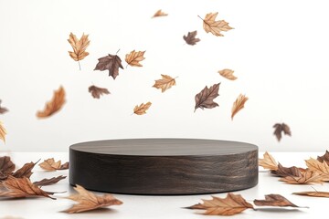Wooden podium surrounded by falling autumn leaves