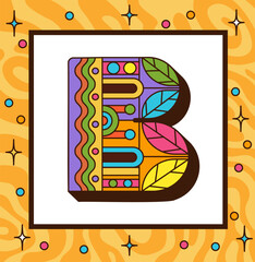Vector illustration of the letter "B" in groovy retro style. Features psychedelic curves, floral accents, and vibrant 70s-inspired colors. Perfect for vintage design.