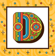 Vector illustration of the letter "D" in groovy retro style. Bright, funky, and filled with colorful psychedelic shapes and swirls, echoing 1970s vintage aesthetics.