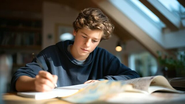 A young boy writing a story with a sketchbook and pen