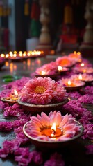 Festive Flowers with Burning Candles in Bowls Adorning a Worship Space